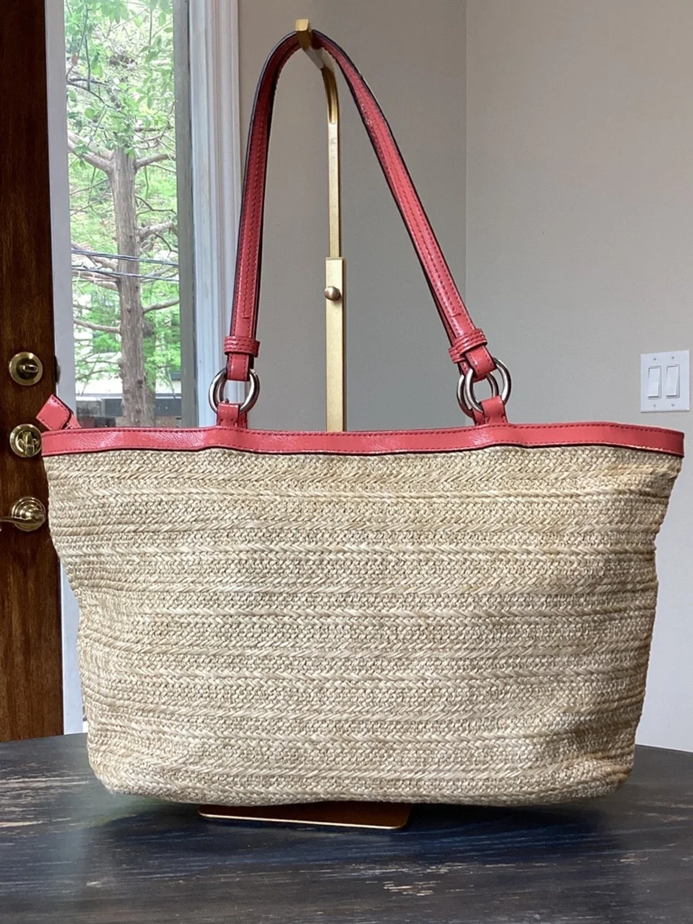 Coach Straw Floral Appliqué Tote with Coral Trim - Picture 5 of 12